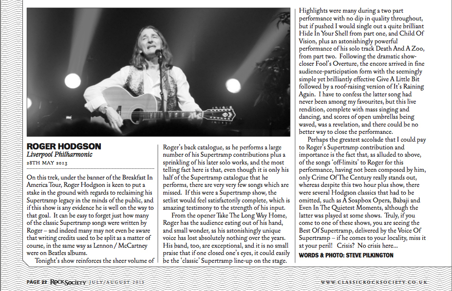Roger Hodgson Classic Rock Society Magazine